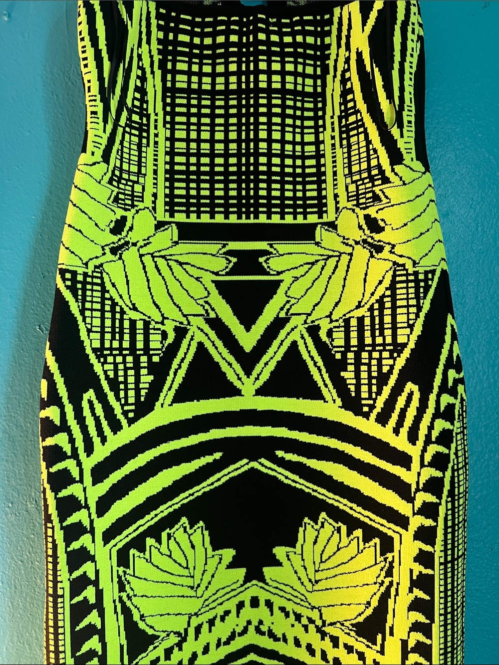 Neon Yellow & Black Geometric Bodycon Bandage Dress Large - Picture 8 of 13